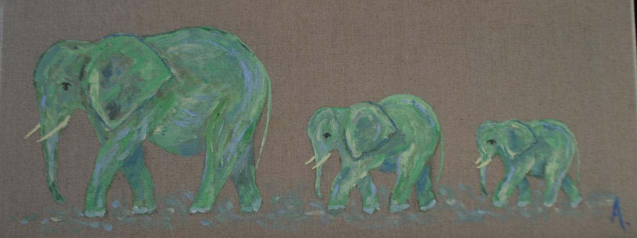 Trois éléphants verts 20X50